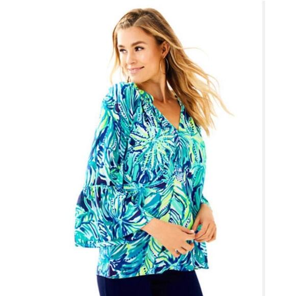 Lilly Pulitzer Matilda Silk Top in print Bright Navy Armadilly Dally Size XXS - Picture 8 of 16
